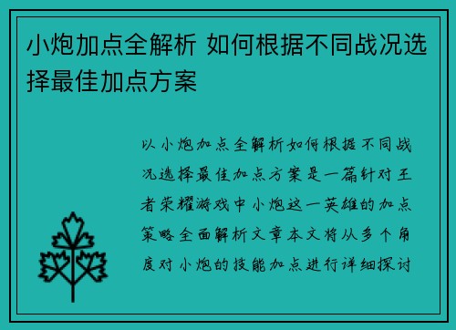 小炮加点全解析 如何根据不同战况选择最佳加点方案 小炮加点全解析 如何根据不同战况选择最佳加点方案